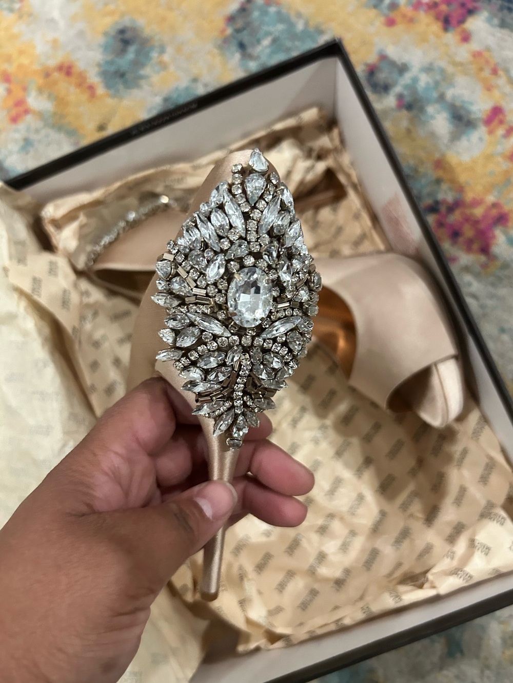 Badgley Mischka Satin Open-Toe Heels with Jewel Heel - Picture 3 of 7